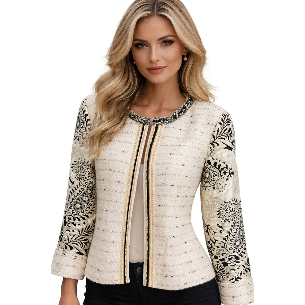 Chicos Oriental Twill Mixed Media Blazer Jacket Ivory Medium
